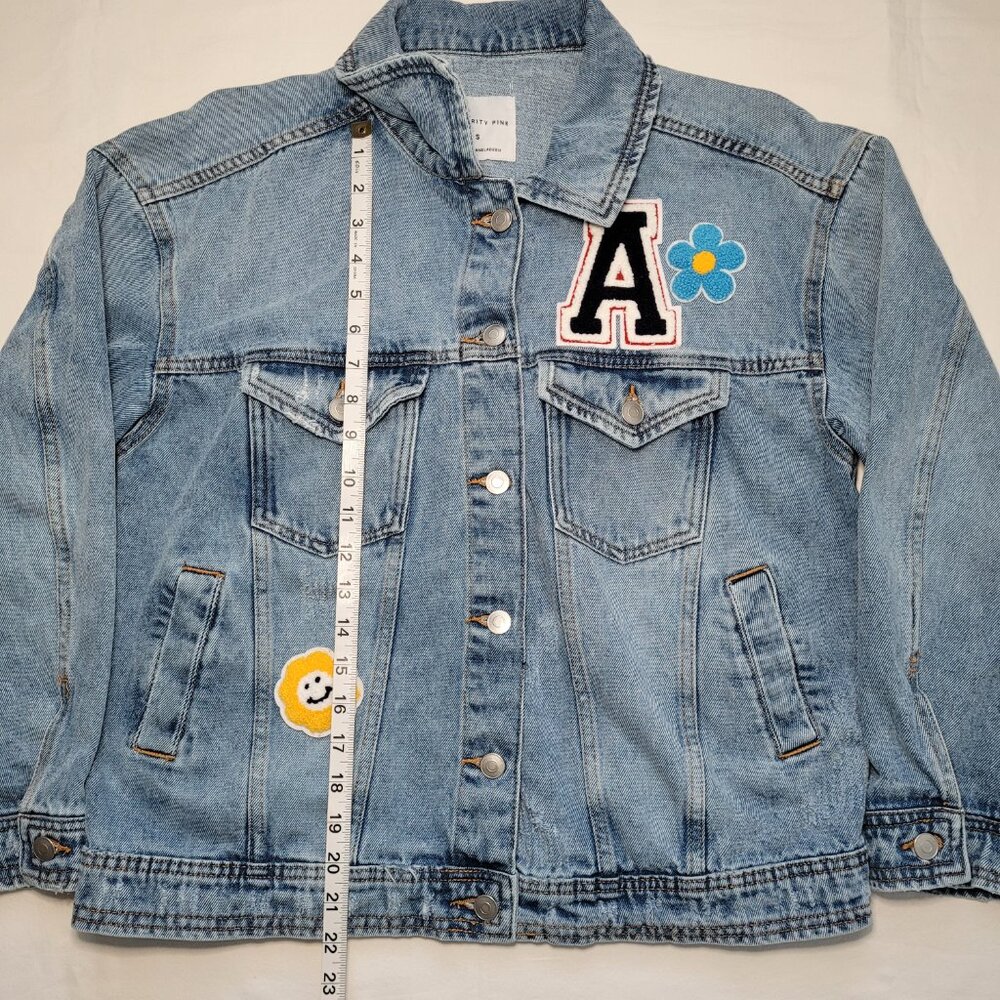Celebrity Pink Oversized Patchwork Denim Jacket Distressed Womens Small Retro - Picture 6 of 11